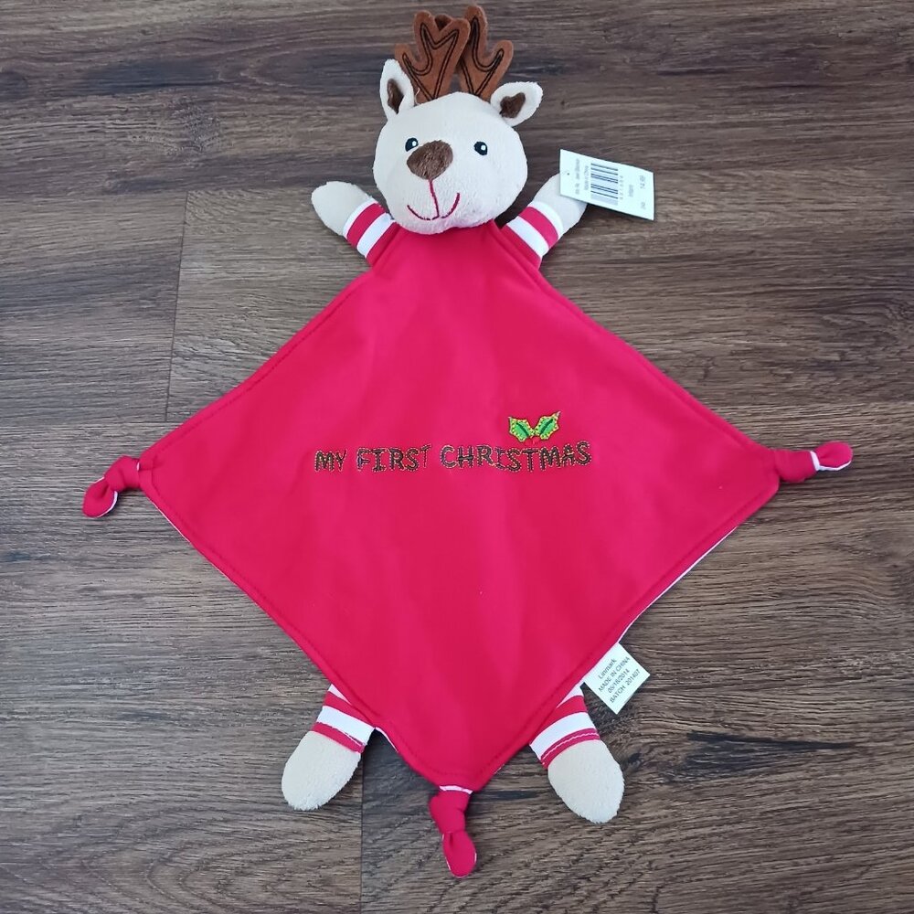 New Linmark Reindeer Plush Lovey My First Christmas Baby Blanket Knotted